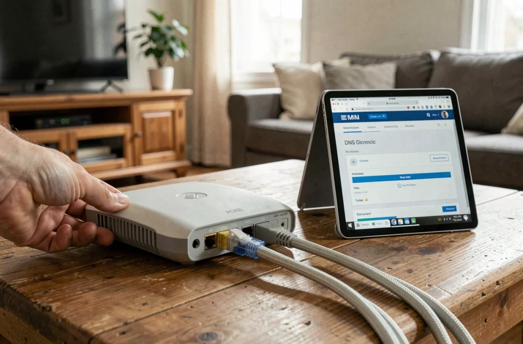 Routeur internet domestique avec câble ethernet et tablette affichant un diagnostic DNS à domicile