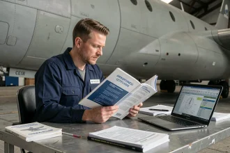 Technicien aéronautique militaire consultant un dossier de certification de navigabilité dans un hangar militaire