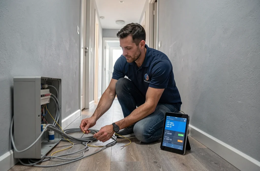 Technicien fibre optique résolvant une panne Freebox avec code d'erreur 20 dans un couloir d'appartement