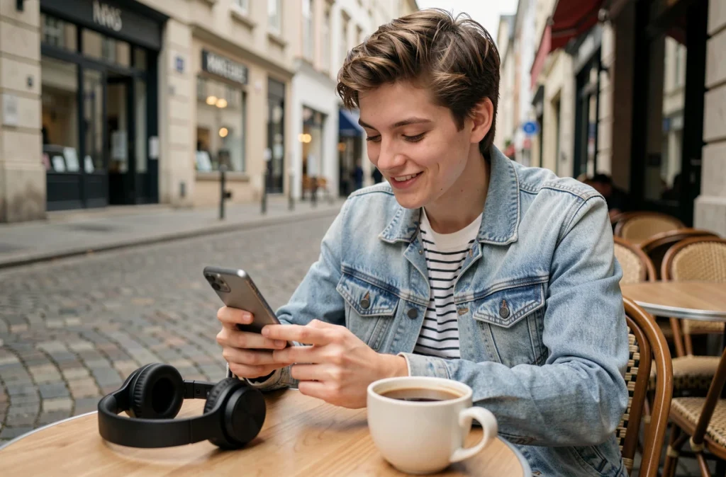 Étudiant convertissant YouTube en MP3 sur mobile dans un café en extérieur avec un casque audio
