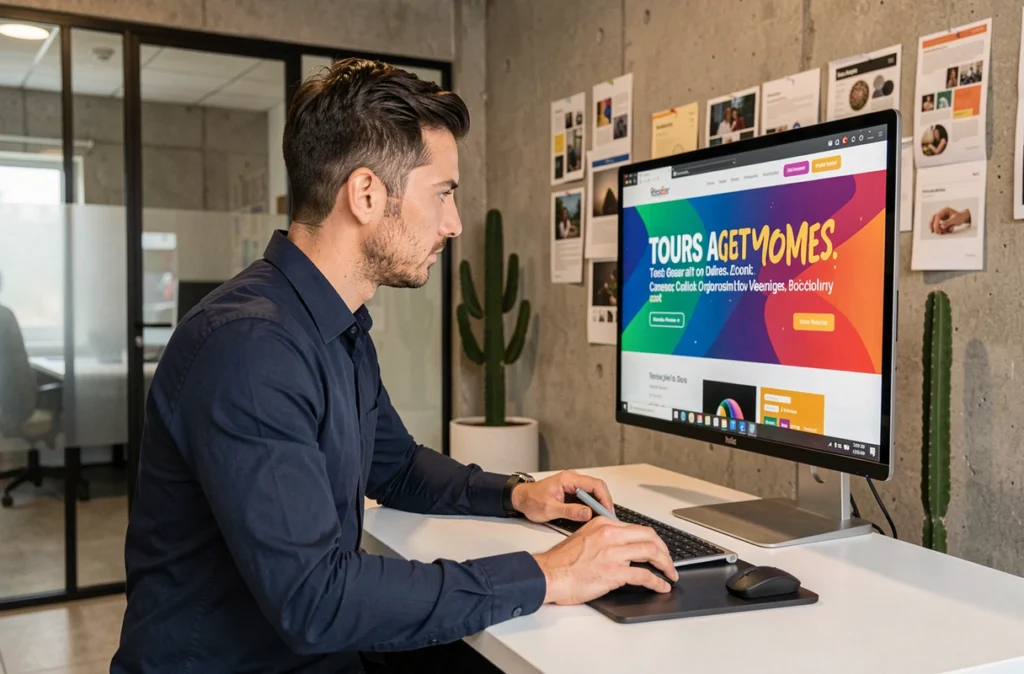 Designer web masculin concentré devant un écran affichant une interface colorée dans les bureaux modernes de l'agence Addictic à Tours