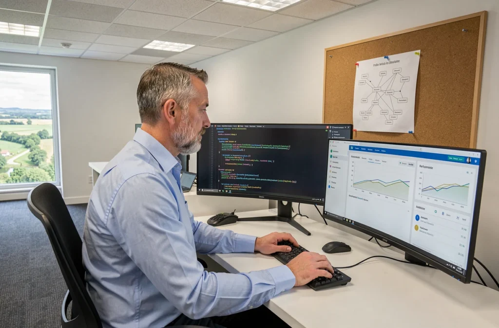 Consultant informatique masculin analysant des données de performance web sur écran dans les bureaux de l'Agence Web 37 en Indre-et-Loire
