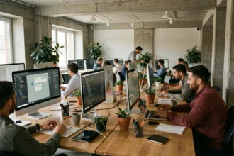 Équipe d'une agence de développement web dans la Loire travaillant sur des projets numériques dans un open space moderne