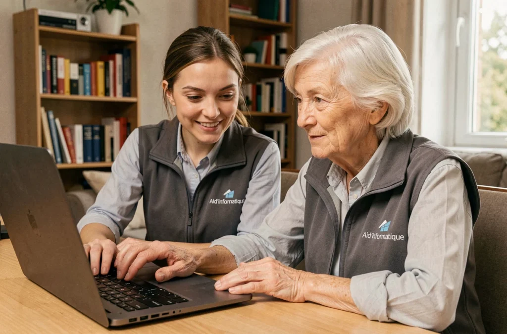 Technicienne d'Aid'Informatique aidant une cliente âgée à configurer son ordinateur portable à domicile
