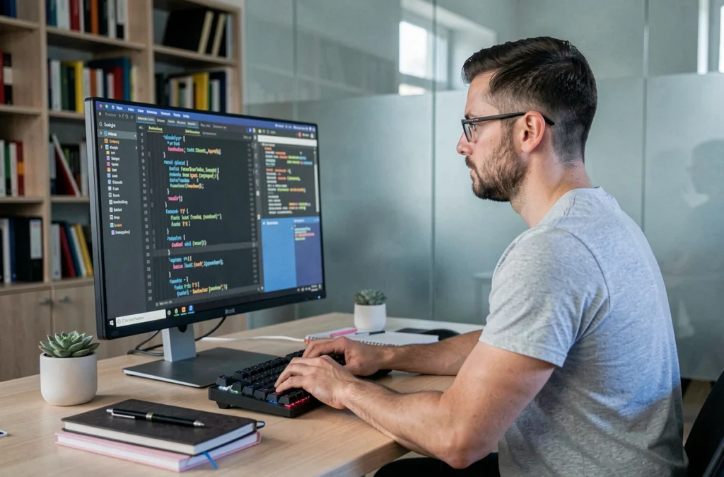 Développeur full-stack programmant une application web sur mesure dans les locaux de l'agence Aleo à Saint-Étienne