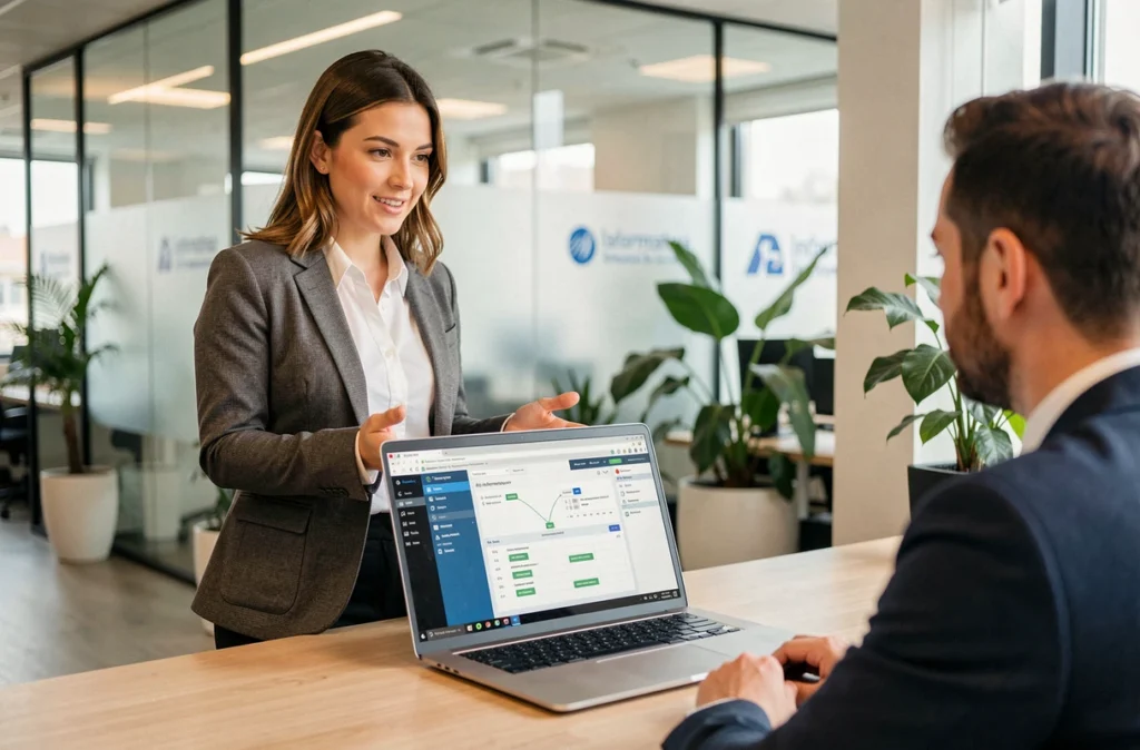Consultante d'AS Informatique expliquant un diagnostic réseau à un client dans un bureau professionnel