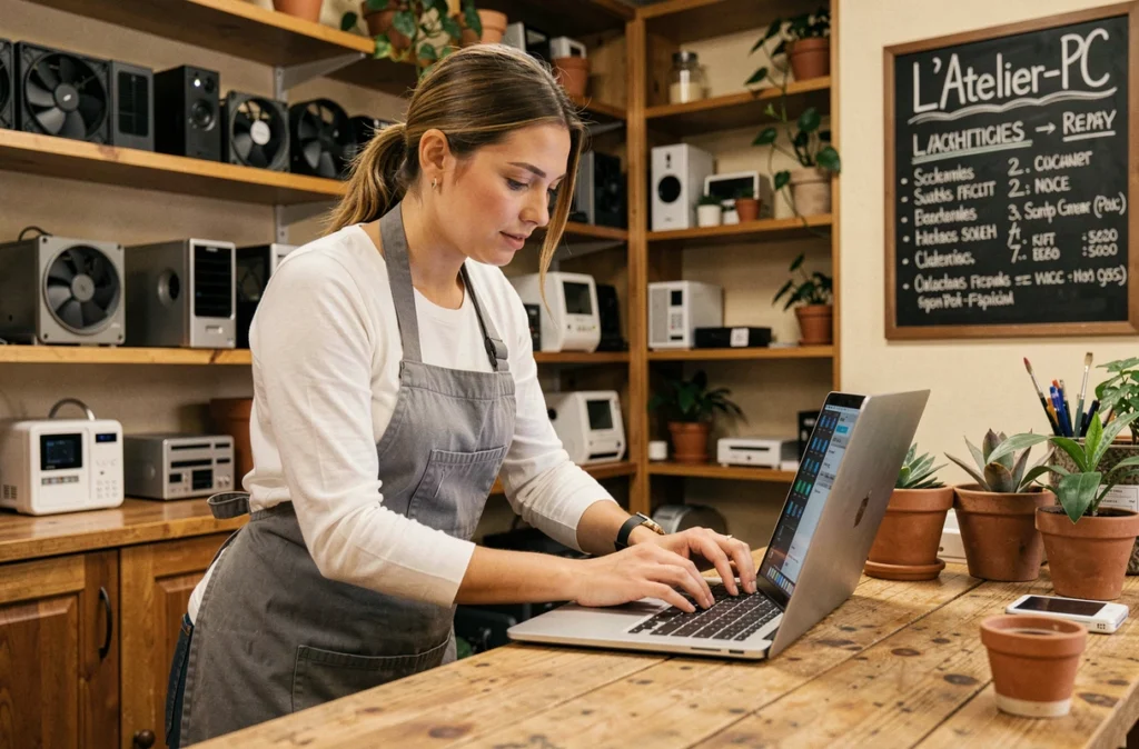 Technicienne de L'Atelier-PC remplaçant l'écran d'un ordinateur portable dans une boutique chaleureuse