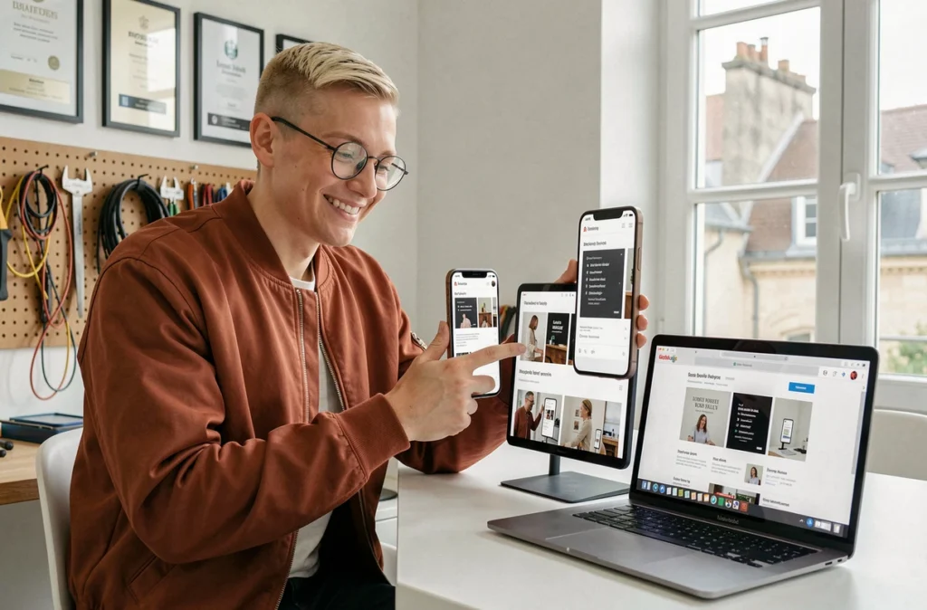 Designer web présentant un site responsive sur plusieurs appareils dans le studio moderne de l'agence Azetria en Centre-Val de Loire