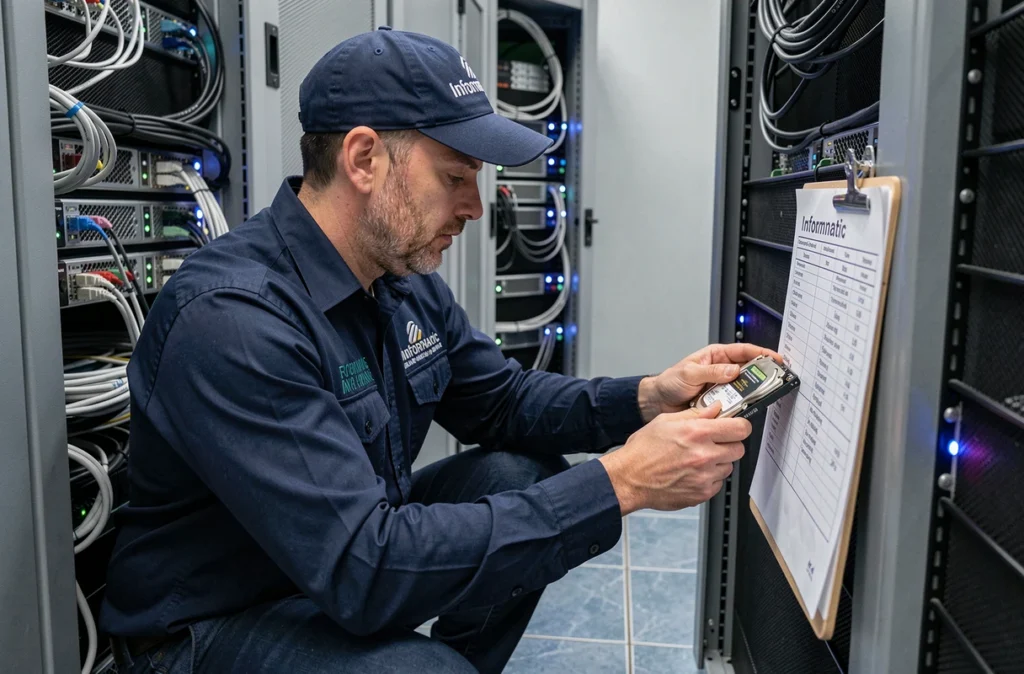 Technicien de Cap Informatic installant un disque dur dans un rack serveur pour un client professionnel