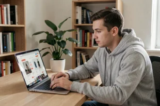 Jeune homme comparant des sites de revente de clés Steam sur son ordinateur portable dans un bureau à domicile