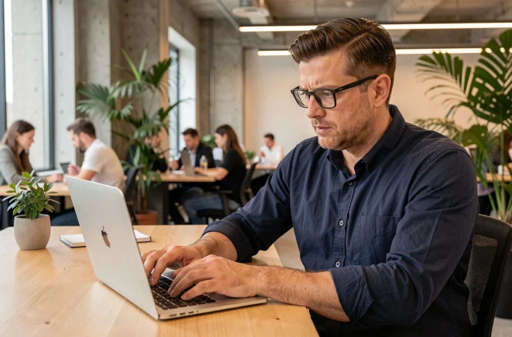 Homme en open space cherchant à corriger le bug de la touche Maj inversée sur son MacBook Air
