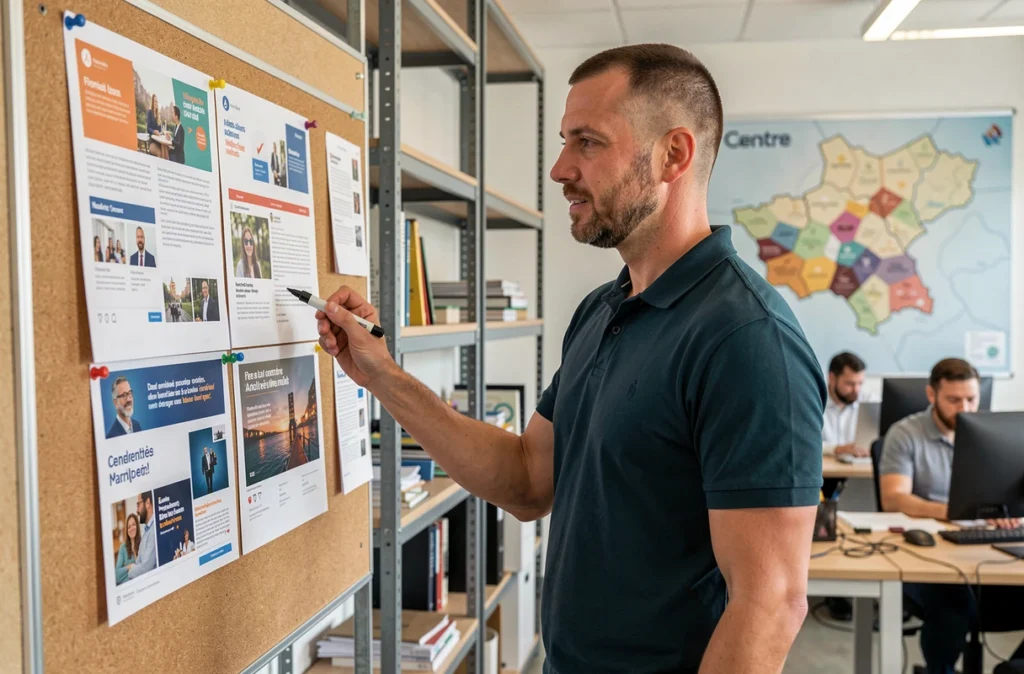 Directeur de communication masculin présentant une campagne digitale régionale sur tableau d'inspiration dans les locaux de Culture Médiatic en région Centre