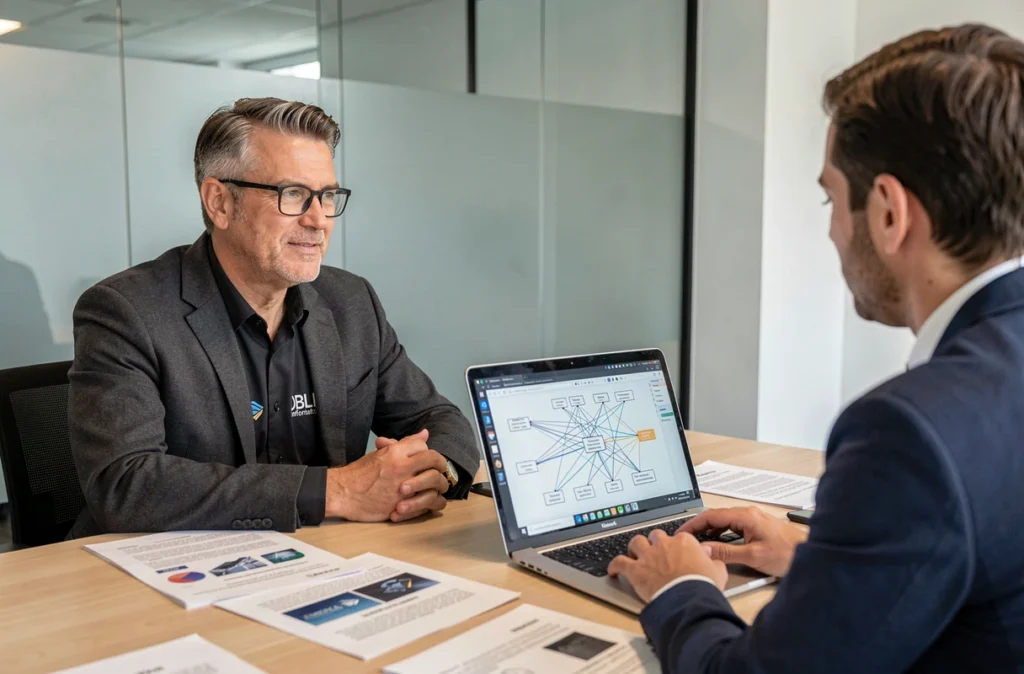 Consultant de DBLI Informatique présentant un plan d'infrastructure réseau à un chef d'entreprise en réunion
