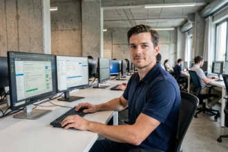 Technicien informatique professionnel travaillant dans un bureau moderne des Pays de la Loire, entouré d'écrans de diagnostic