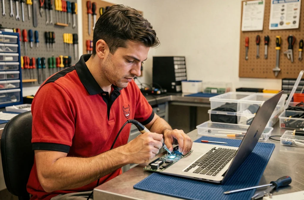 Technicien de Devil Informatique effectuant une réparation de carte mère dans un atelier professionnel