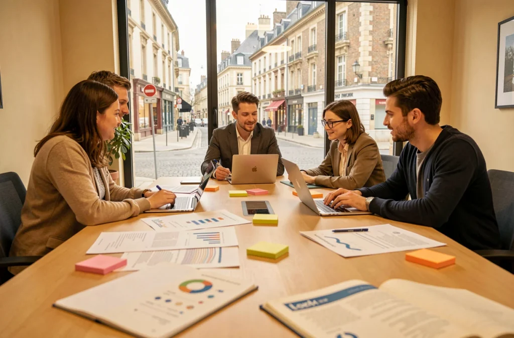 Équipe marketing de l'agence Digitalink dans la Loire discutant d'une stratégie de marketing digital autour d'une table de réunion