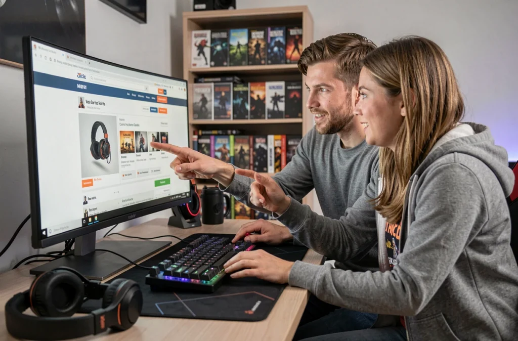 Deux adultes comparant des plateformes de vente de clés Steam sur un écran d'ordinateur dans une salle de jeux