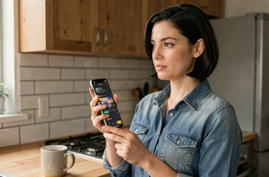 Femme consultant un site alternatif à Instant Gaming sur son smartphone dans une cuisine moderne
