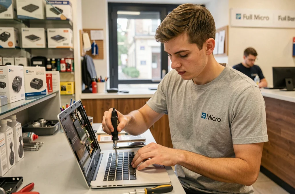 Technicien Full Micro nettoyant un laptop avec des outils de précision dans un atelier de réparation