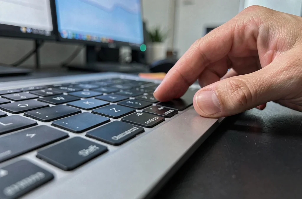 Gros plan sur la touche Maj d'un clavier MacBook, illustrant un problème de décalage ou d'inversion de la touche Shift