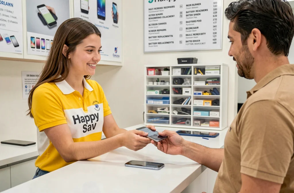 Technicienne de Happy Sav remettant un smartphone réparé à un client satisfait au comptoir du magasin
