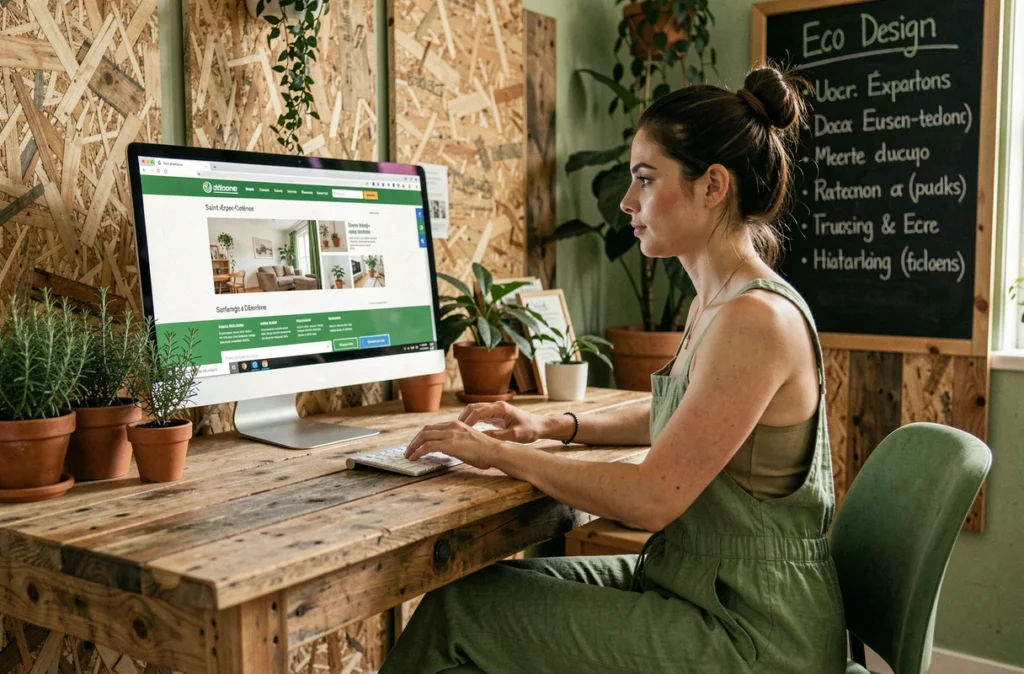 Développeuse web de l'agence écoresponsable Kinolia à Saint-Étienne travaillant dans un espace de travail durable et naturel