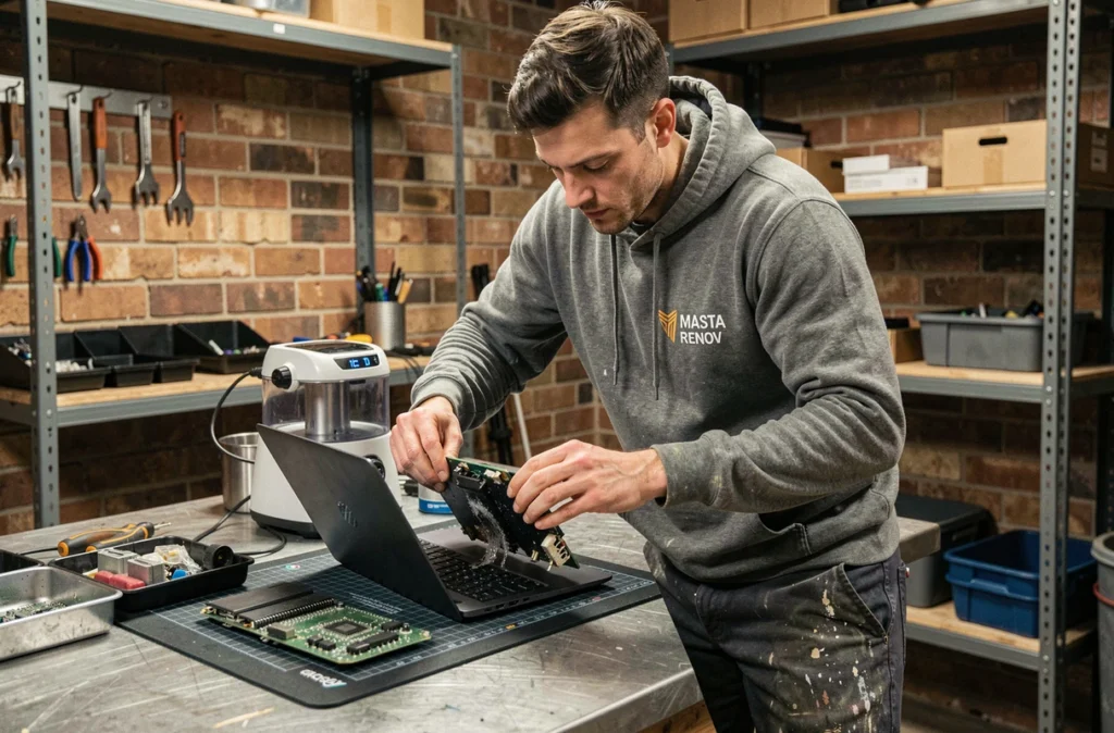 Technicien de Masta Renov démontant un ordinateur portable endommagé pour une restauration spécialisée