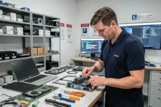 Vue d'ensemble d'un atelier de dépannage informatique dans la Marne, avec un technicien travaillant sur des composants électroniques