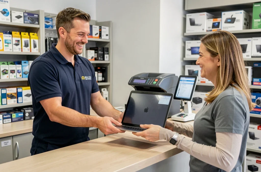 Technicien Micro Info Service remettant un ordinateur portable réparé à une cliente satisfaite dans une boutique informatique