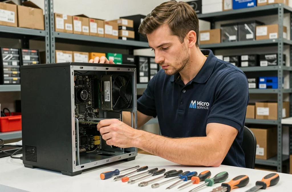Technicien de Micro Service réparant un ordinateur de bureau dans un atelier informatique professionnel