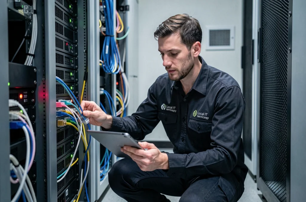 Technicien de Nantes Informatique Services câblant un serveur dans une salle informatique professionnelle