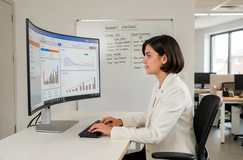 Consultante SEO analysant des données de référencement pour l'agence digitale Octolio à Saint-Étienne