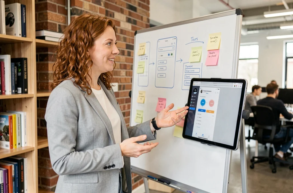 Designer UX féminine présentant des maquettes d'application mobile sur tableau blanc dans le studio web et mobile Oroya à Tours