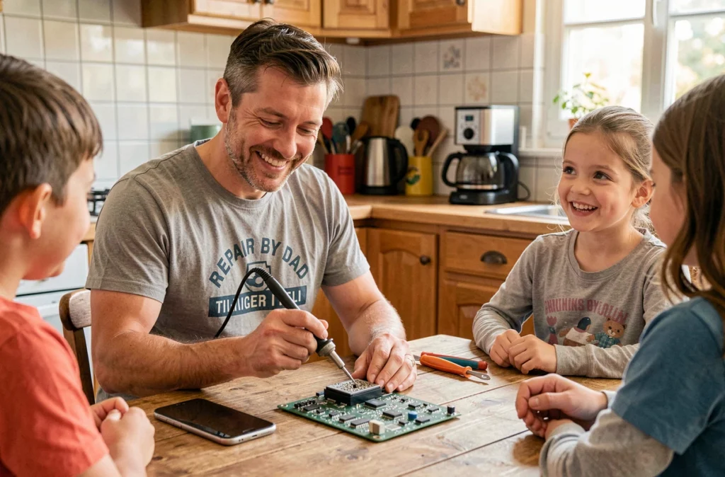 Technicien Repair by Dad réparant une carte mère de smartphone à la table d'une famille dans une cuisine française