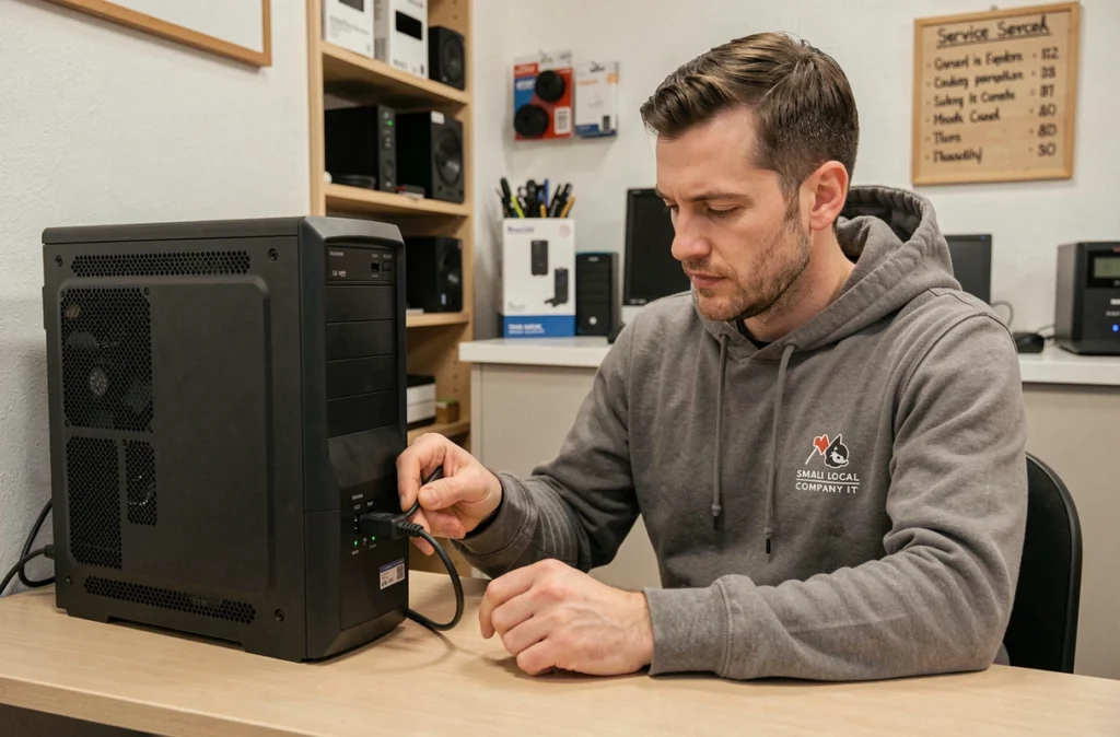 Technicien de Rio Informatique diagnostiquant un ordinateur de bureau dans une petite boutique de réparation locale