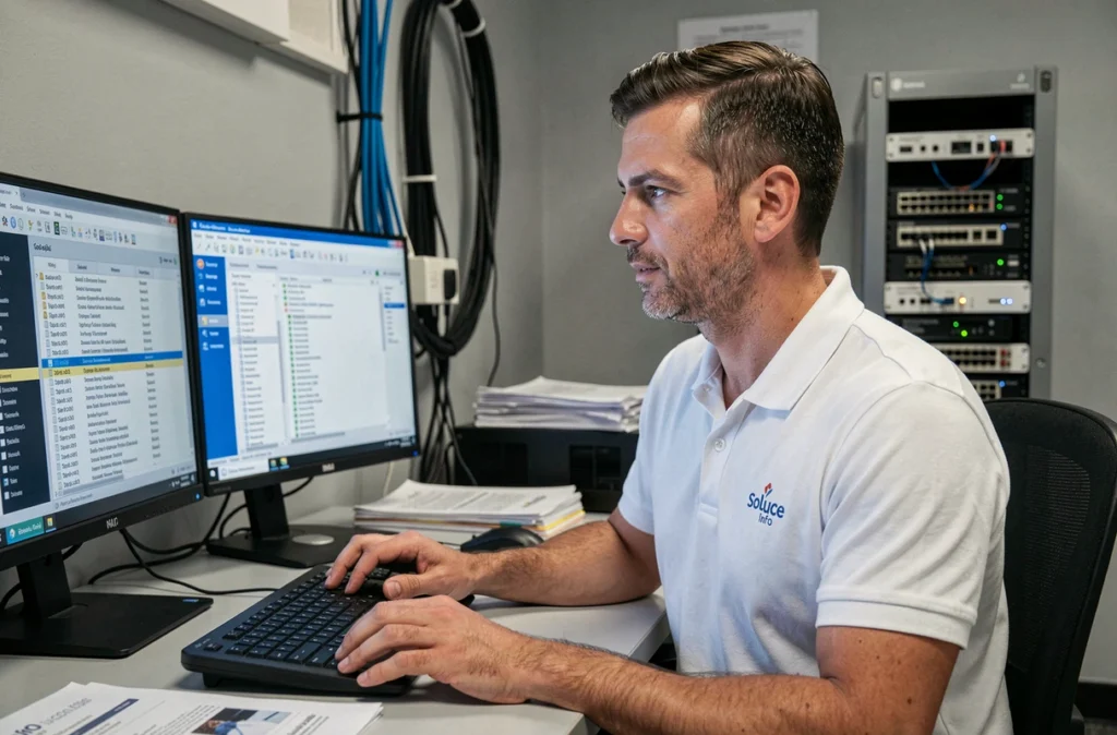 Technicien de Soluce Info analysant des données réseau sur un poste de travail informatique professionnel