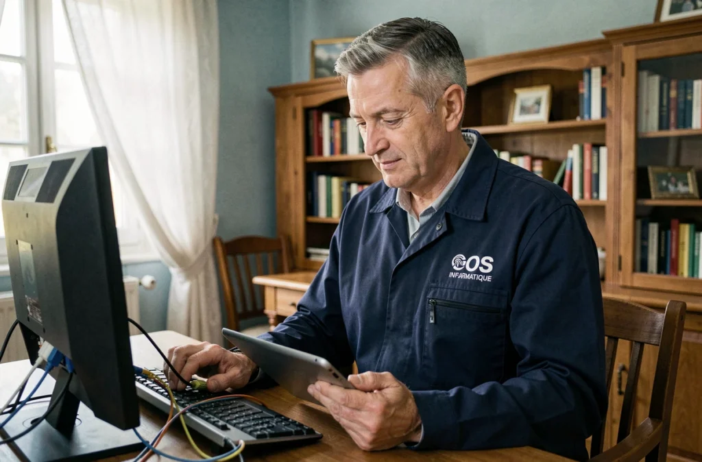 Technicien de SOS Marne Informatique en intervention à domicile avec un diagnostic sur ordinateur de bureau
