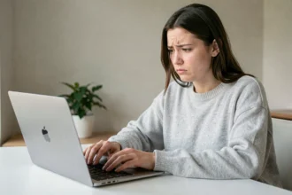 Femme perplexe devant un MacBook Pro dont la touche Maj est décalée ou inversée, assise à un bureau blanc minimaliste