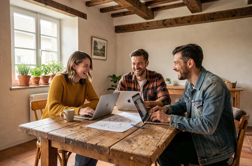 Petite équipe web soudée collaborant autour d'une table en bois dans un bureau à taille humaine de Tribu and Co en Centre-Val de Loire