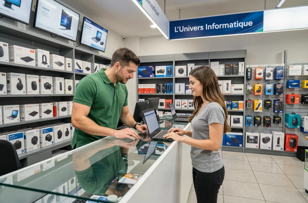 Conseiller de L'Univers Informatique présentant des ordinateurs portables à une cliente dans la boutique