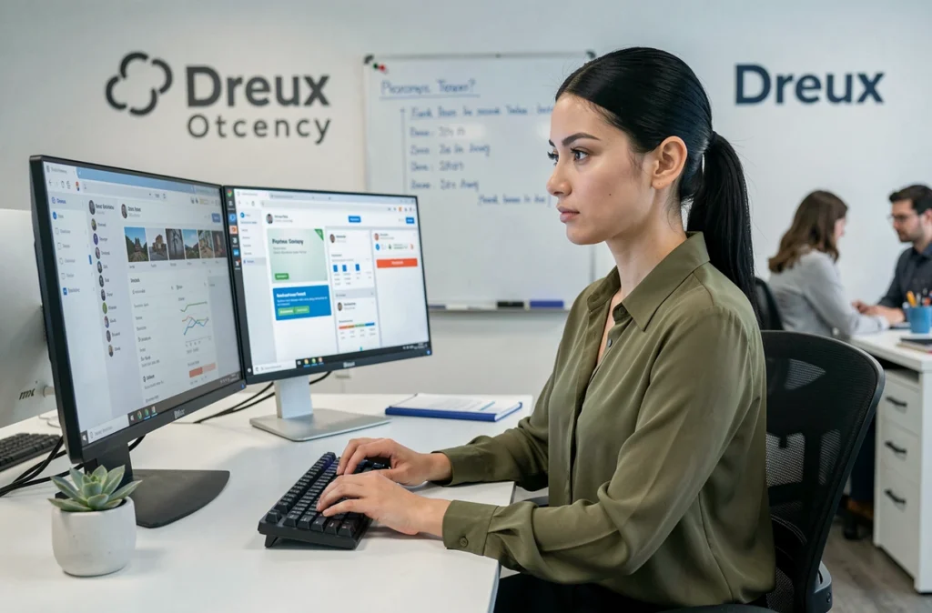 Stratège digitale au travail devant des écrans affichant des tableaux de bord de campagne numérique dans l'agence Web Studios à Dreux