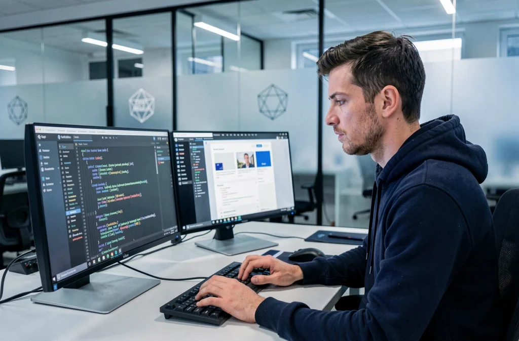 Développeur web masculin travaillant sur du code dans les bureaux de l'agence Webqam à Saint-Étienne