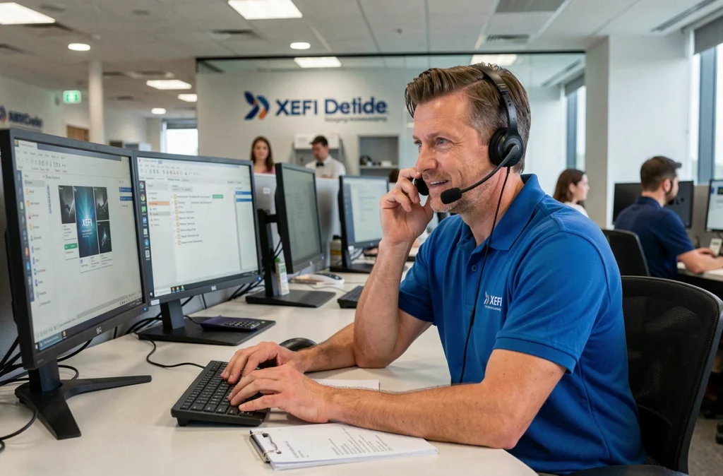 Technicien support XEFI gérant des tickets d'assistance à distance depuis un centre de support informatique
